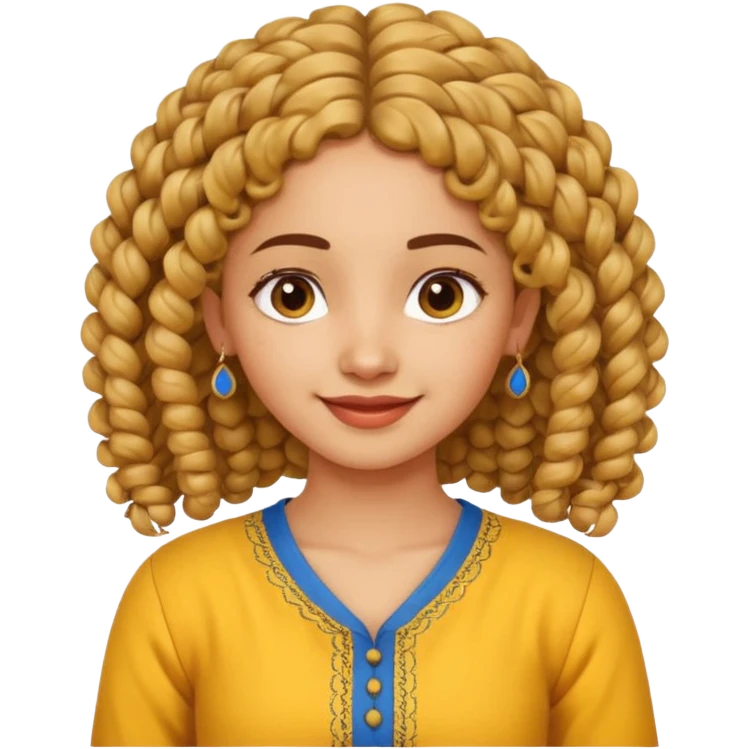 curly-haired fair Indian girl, braid, yellow kurti, blue jeans, cheerful expression emoji