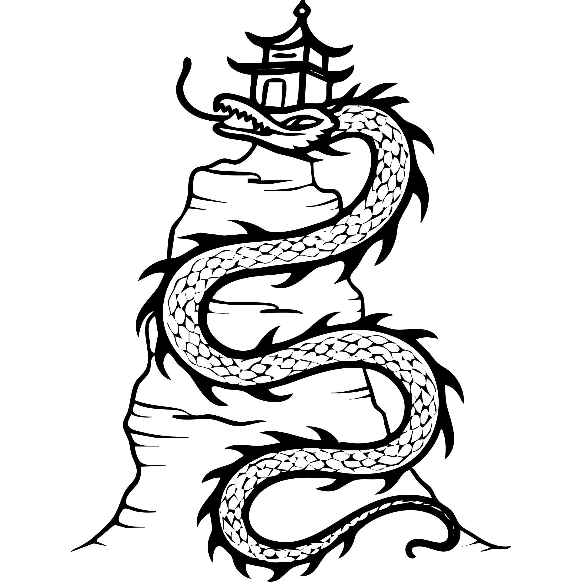 Eastern serpent dragon spiraling around a rocky cliff with a pagoda temple at the summit emoji