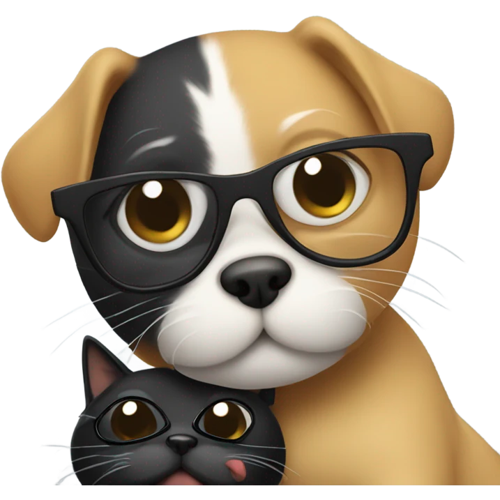 a cat in black glasses hugs a dog in black glasses emoji