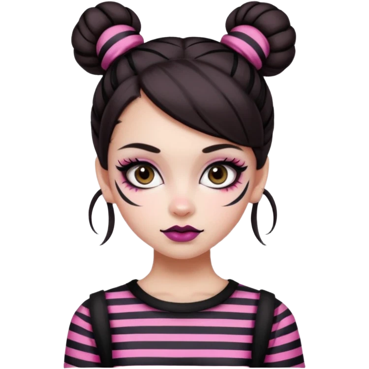 generate a pretty fair bratz girl with dark brown eyes. Dark brown hair straight hair with pink highlights tied into buns. Big eyeliner. black lipstick. Black and white striped top.  emoji