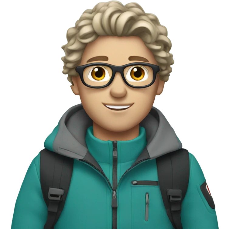 white Boy with wavy hair skiing on teal skis. He is wearing black pants and a gray jacket   emoji