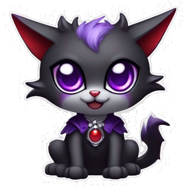 Anthro-Cute-Edgy-Cool-Vampiric-Batty-Cat-Black-Purple-Red-Grey-White-Yellow-Contrast-Colors-Fantasy-Fur-Sona-Chibi-Shiny-Fakémon-Hybrid with horns and fangs and collar full body emoji