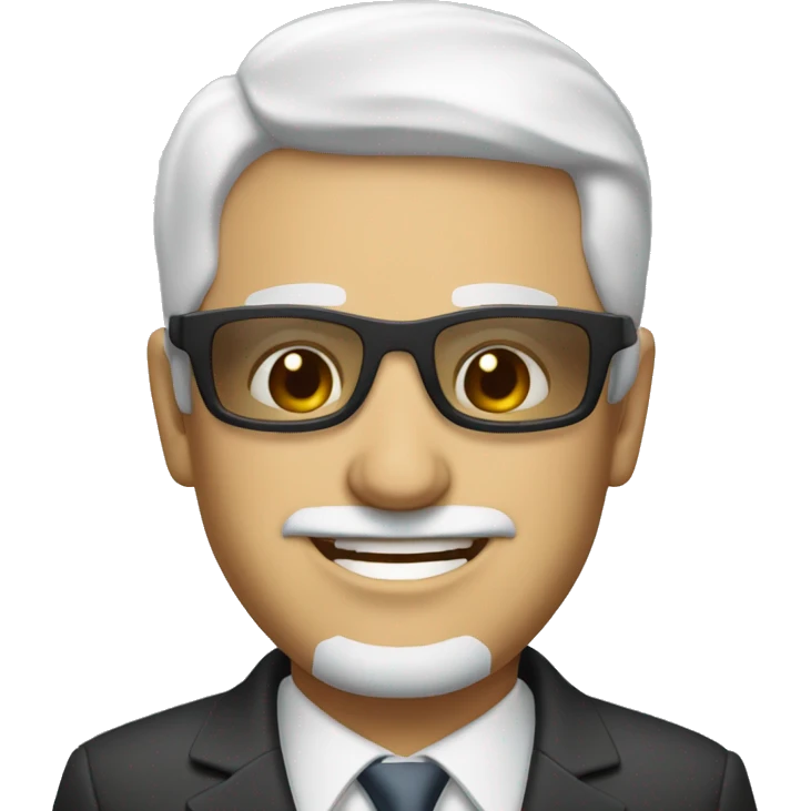 A middle age beardless smiling businessman with short white hair wearing sunglasses. emoji