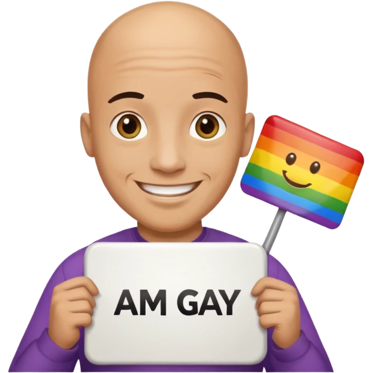 bald guy holding sign that says "am gay" emoji