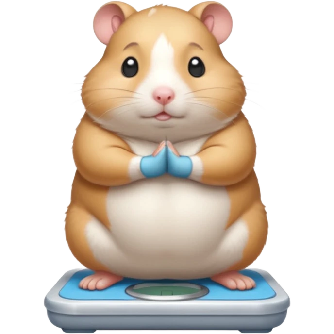 Cute chubby cartoon-style hamster standing on a bathroom scale, looking nervous with praying hands. Painterly shading, closed eyes, white background, sticker-style illustration emoji