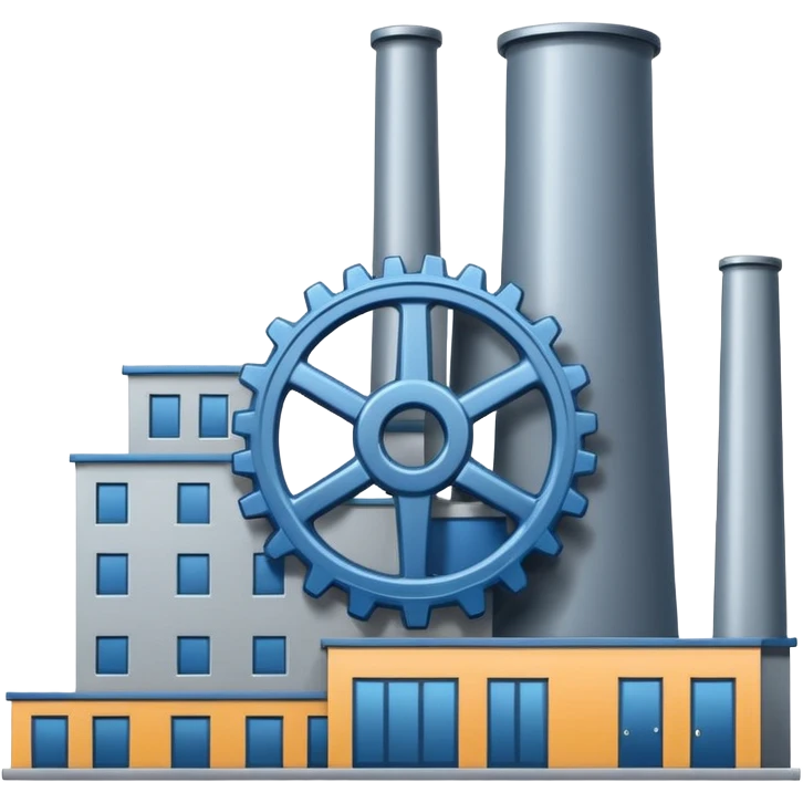 "A minimalist vector icon of a modern manufacturing factory building with a gear symbol above it. Blue and grey color scheme, flat design, white background, simple thick lines, professional business logo style." emoji