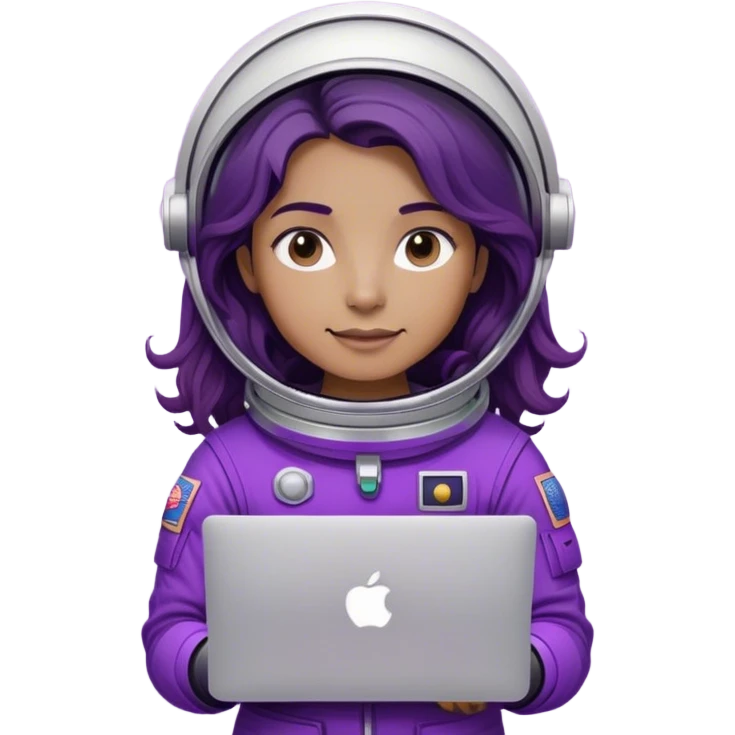 astronaut with purple suit, long ombre black/brown wavy hair and one macbook emoji