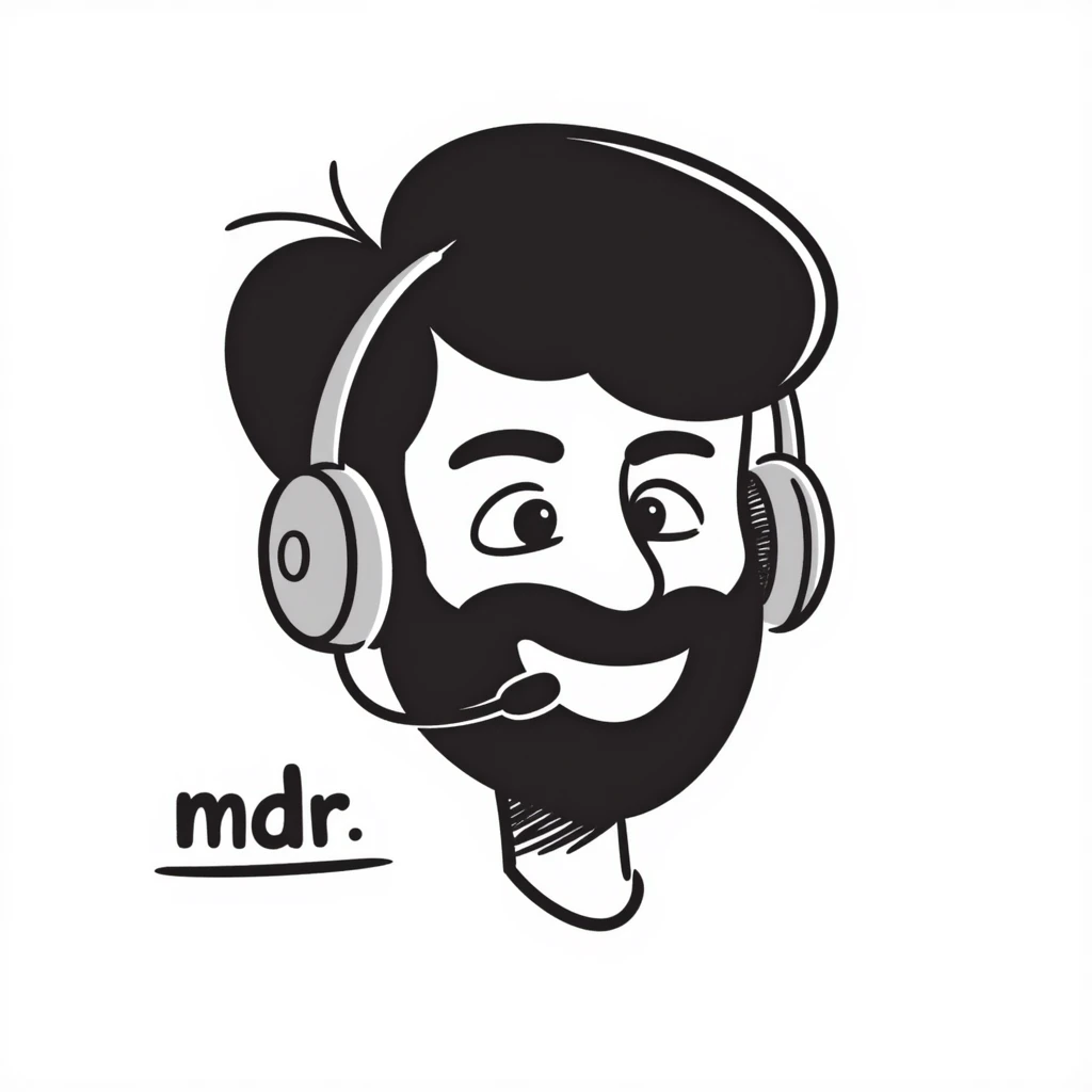 a person with black hair, brown eyes, and a black beard wearing a gaming headset saying "mdr" emoji