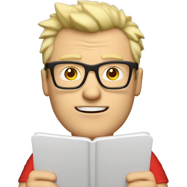 Nerdy middle aged white man with short blond spiky hair looking confused and wearing glasses and a red tee shirt holding a tablet emoji