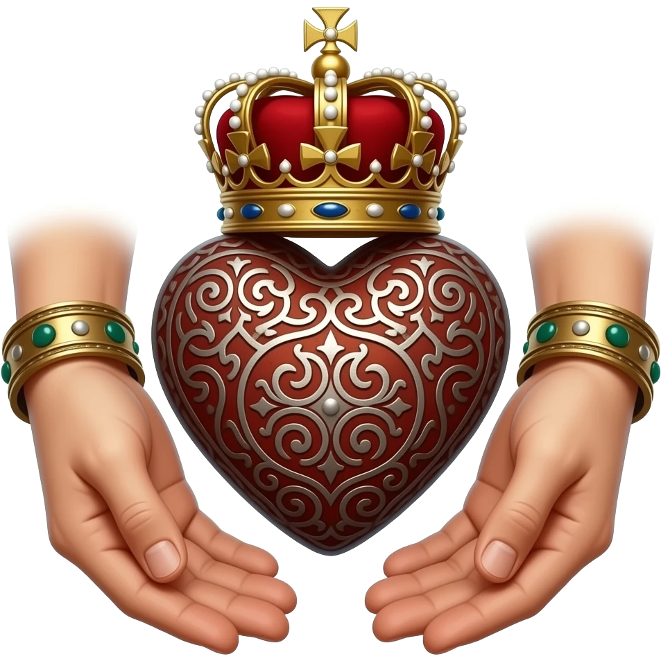 two elegant  hands with metal bracelets touch with their fingers a rusty heart richly ornamented with arabesques with a richly decorated royal crown,  (fingers are facing down and palms are facing up)   - dramatic lighting - backlight emoji