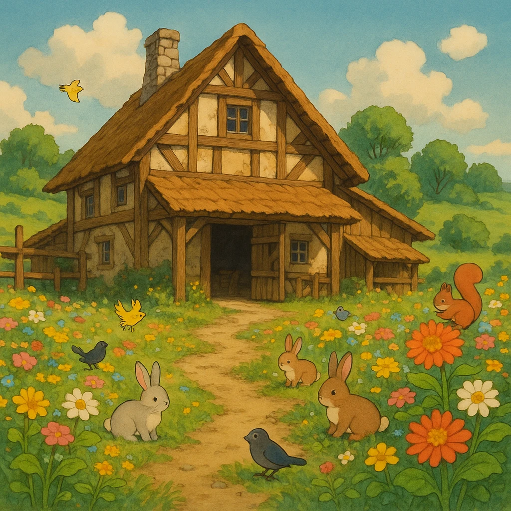medieval farm ghibli style, wooden chalet, flower garden, cute animals, soft light emoji