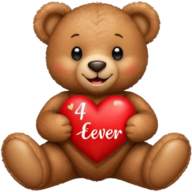 smiling teddy bear holding a heart with the word 4-ever on it emoji