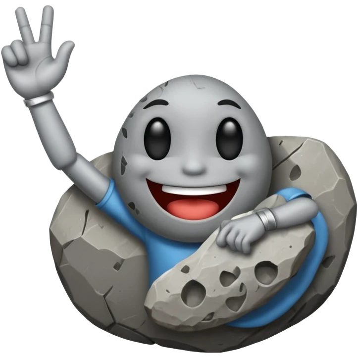 a rock with a happy face that is holding up a rock and roll hand 🤘 emoji