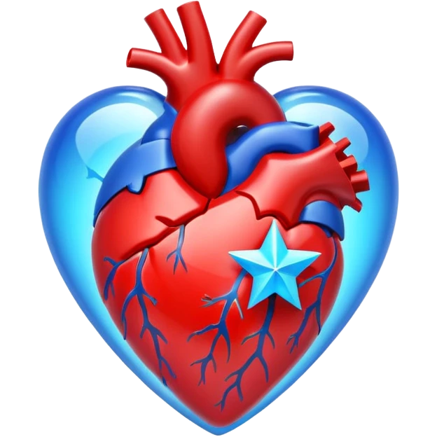 A transparent of a hologram of a red 3D heart with a bright blue star inside emoji