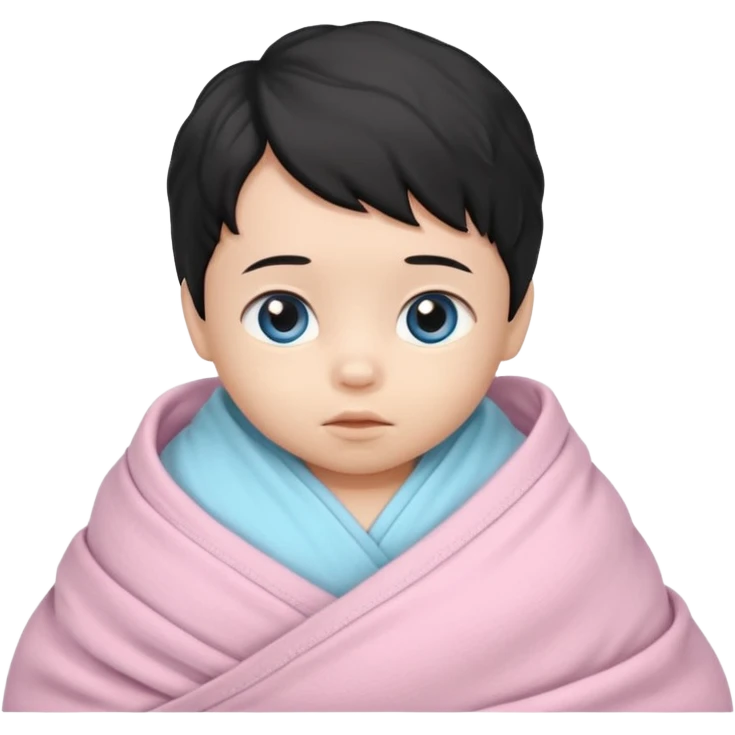 a  asian newborn baby with black wavy hair and blue eyes wrapped in a light pink swaddle emoji