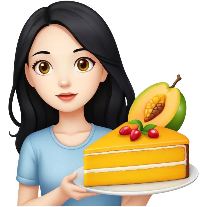 Beautiful girl with long black hair holding mango cake emoji