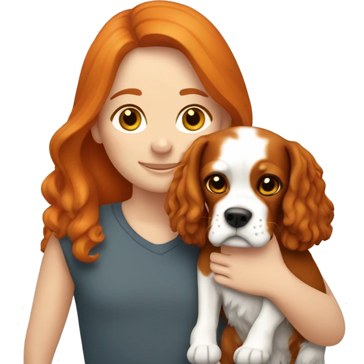 Ginger hair girl hugging a Cavalier King Charles Spaniel dog emoji