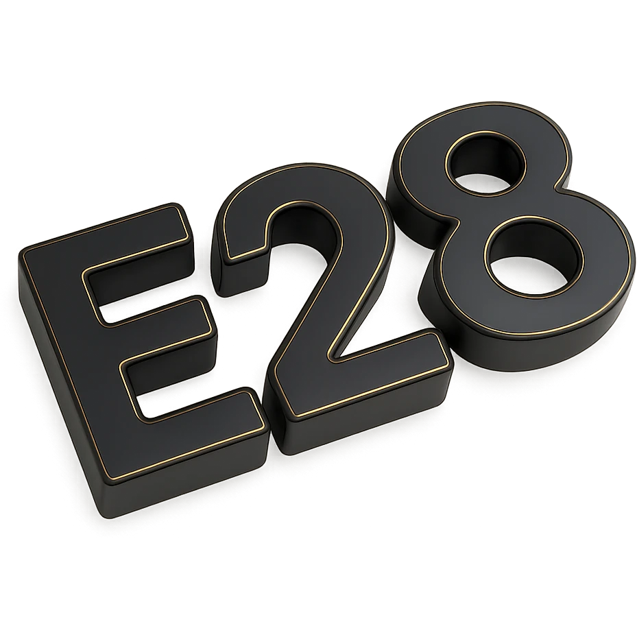 3D chrome letter 'E28' with a glossy effect emoji