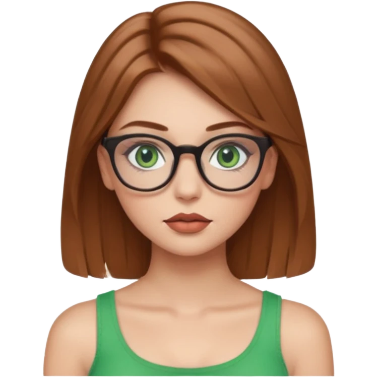 Yeşil gözlü,Hafif kahverengi saçlı, beyaz tenli, gözlüklü, crop giyinen ,dolgun dudaklı,makyajlı bir kiz emoji