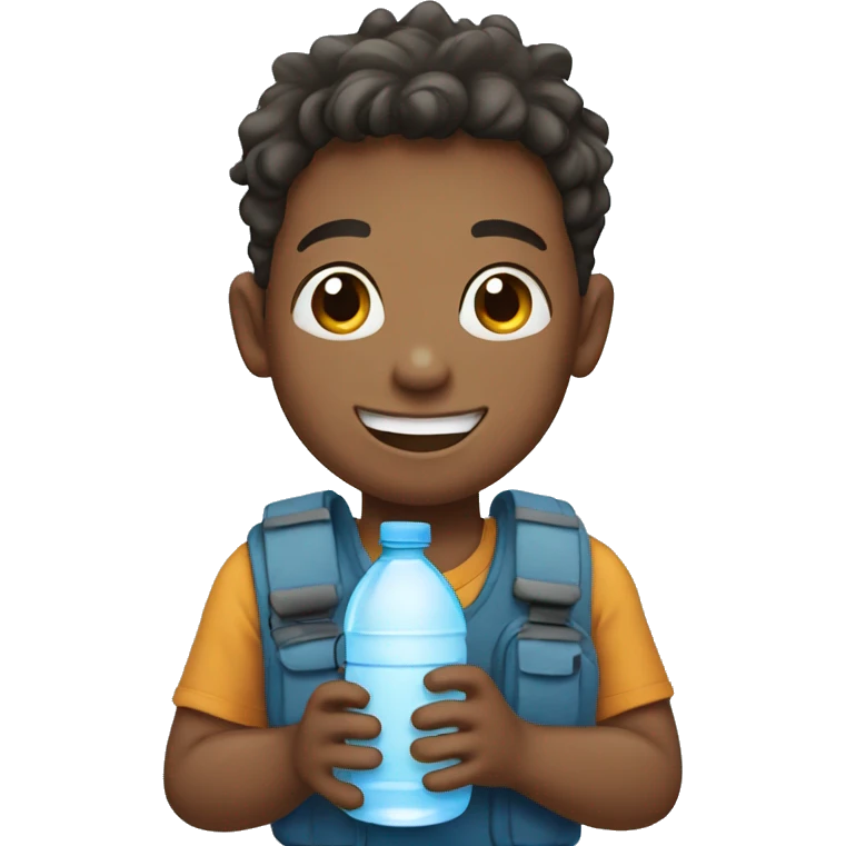 smiling boy holding water bottle emoji