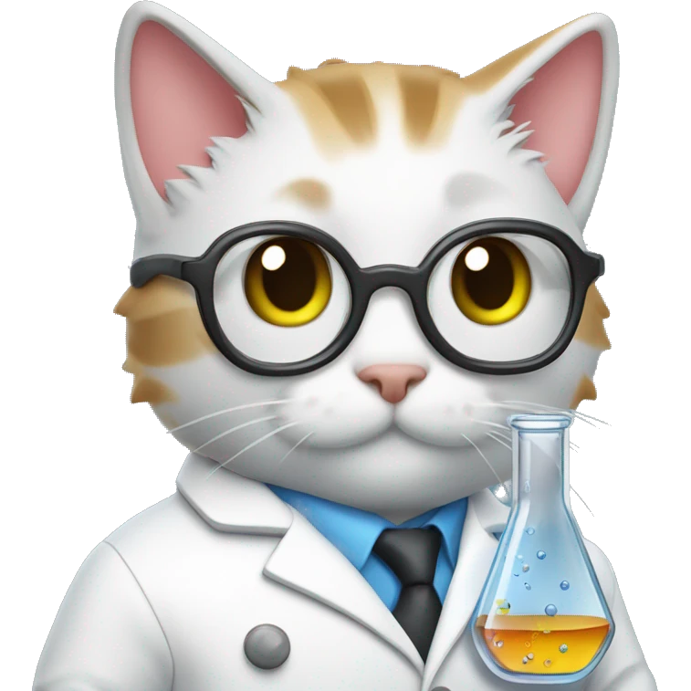 cat wearing chemistry lab coat goggles and has flask with chemicals emoji