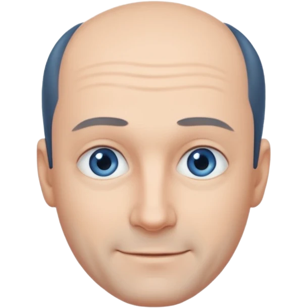 Middle aged man with black-greyish receding hairline, small blue eyes, clear face, shy smile emoji