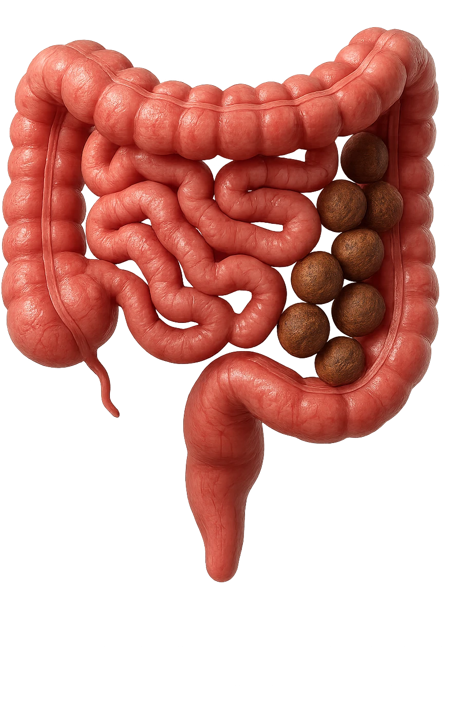 intestino umano anatomico, iperrealistico 4k, con feci a palline emoji