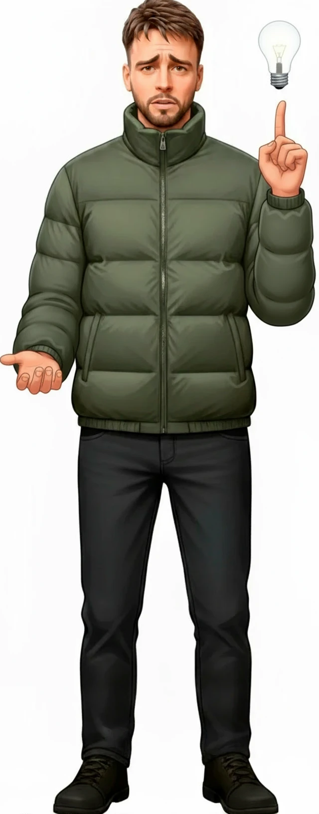 нарисуй человека в зеленой куртке в таком же стиле, правая рука остается в таком же положении, а левая в положении как на картинке, без фона emoji