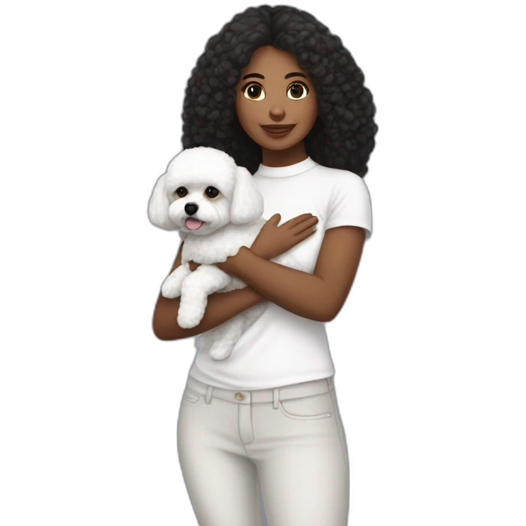 mujer pelo negro largo piel blanca y perro bichon blanco emoji