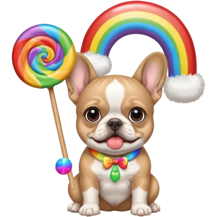 baby french bulldog wearing a propeller hat and holding a comically large rainbow lollipop  emoji