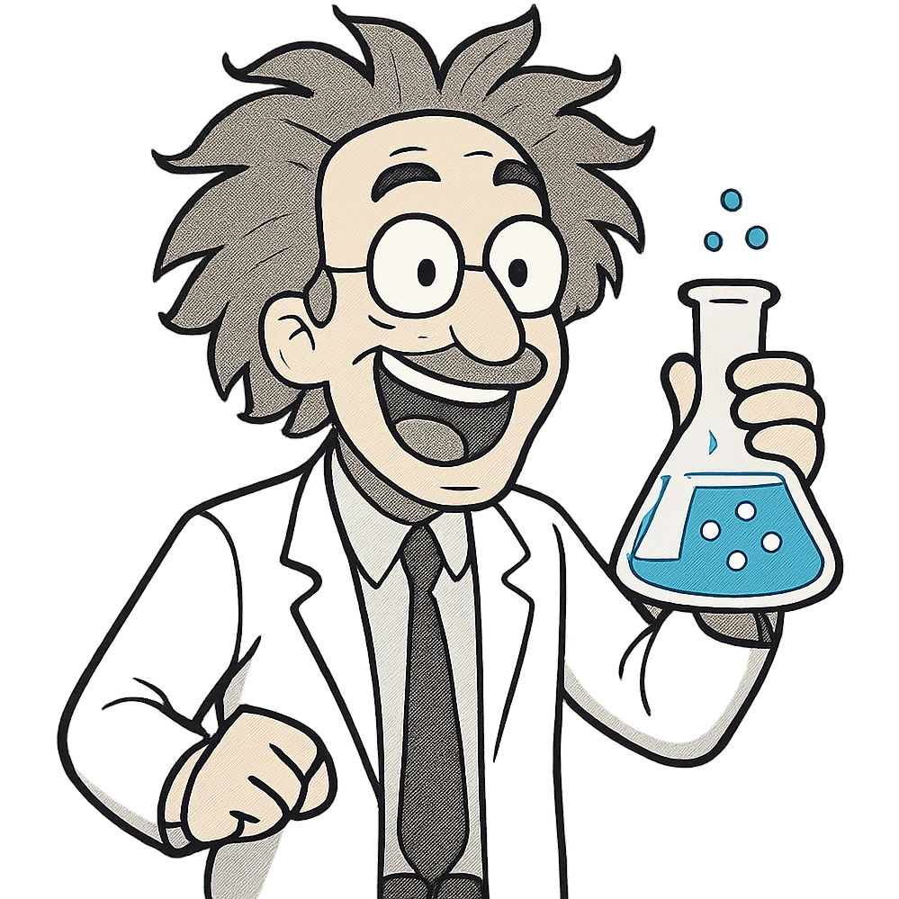male scientist with wild hair holding a beaker excited expression simple background emoji