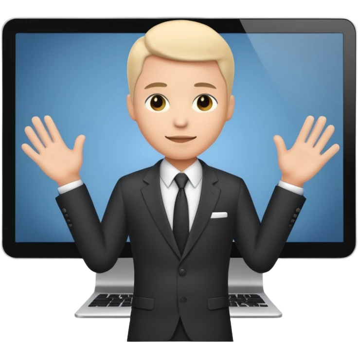 A computer screen with a body that is wearing a suit emoji