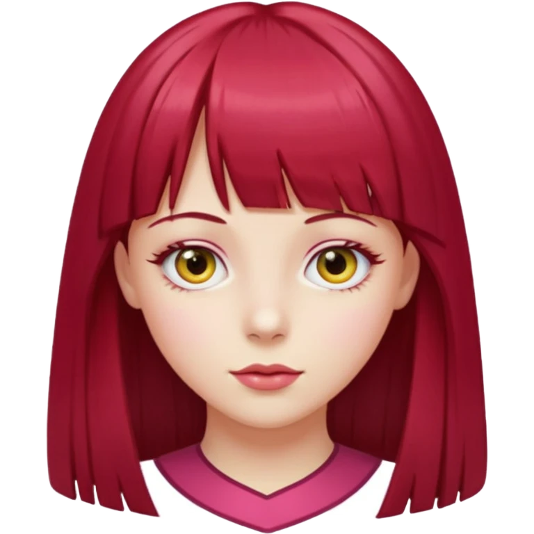 Menina com cabelos longos vermelho Cherry, liso com franja,olho direito ROSA e olho esquerdo amarelo,pele clara  emoji