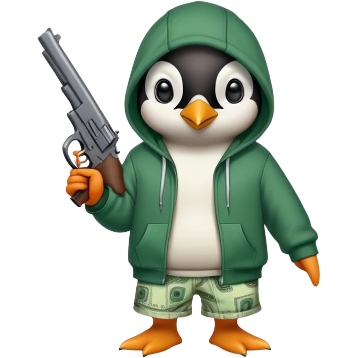 A cute half-dolphin half-penguin thug with a gun, wearing a blood-stained green hoodie and Dollar General shorts emoji