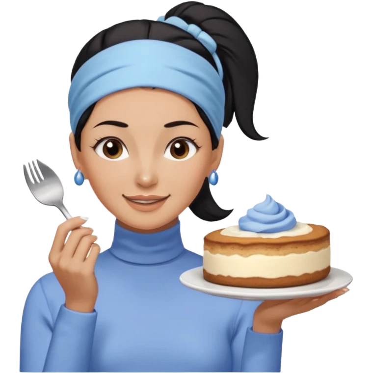  tan skin woman with long face, and short black hair slicked back ponytail with forehead showing, wearing a periwinkle colored headband and wearing pale blue turtleneck shirt, eating tiramisu smiling with hair pulled back emoji