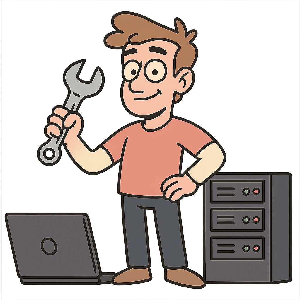 toolkit for a full-stack web developer, including a laptop, wrench, and server rack, flat toon style emoji