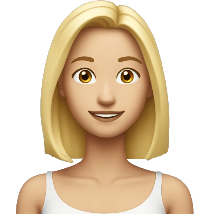 Hair: Blonde, straight, shoulder-length.
Eyes: Warm and expressive.
Expression: Friendly smile.
Face shape: Oval with gentle features.
Skin tone: Light with a healthy glow.
Clothing: Simple blouse in a soft color. emoji