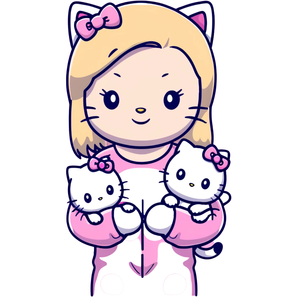 Blonde girl wearing pink Hello Kitty pajamas with two ragdoll cats emoji