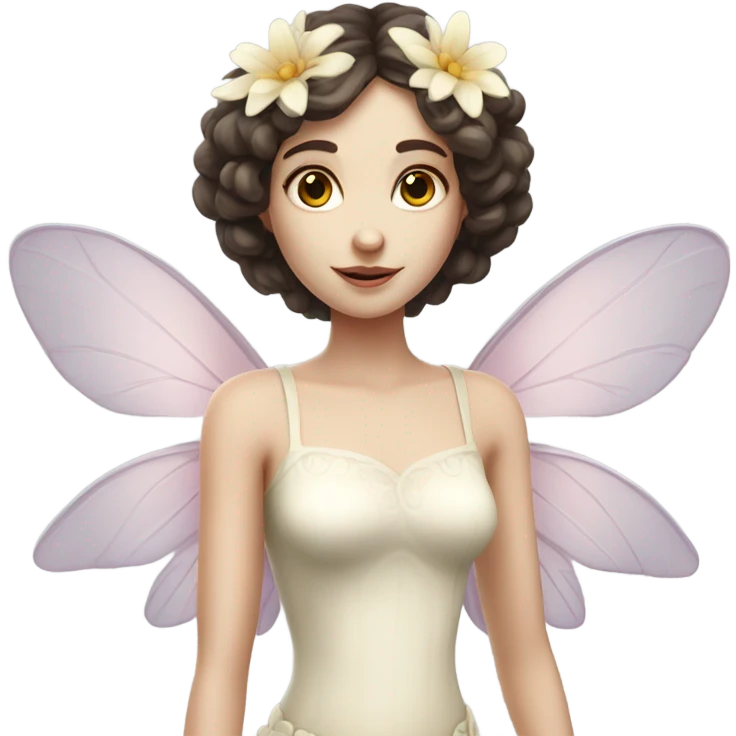 Pale skin, brunette fairy woman with flower wings full body  emoji