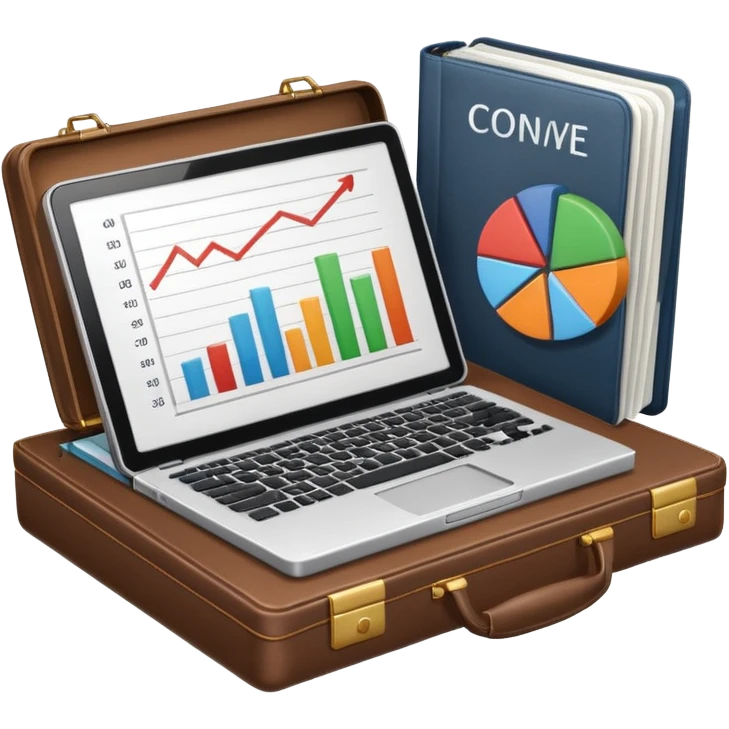 An open book with a graph and financial charts, a briefcase, a calculator, and a laptop nearby. The icon should represent the world of business, finance, and professional growth. emoji