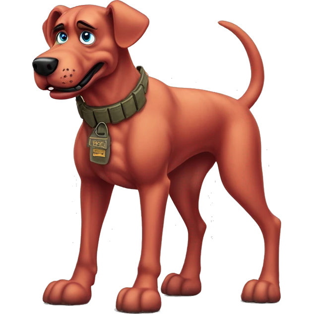 Desert storm hot tall blue eyes Clifford the big red dog muscled with tattoos on arms book illustration as a military call of duty character standing alone emoji