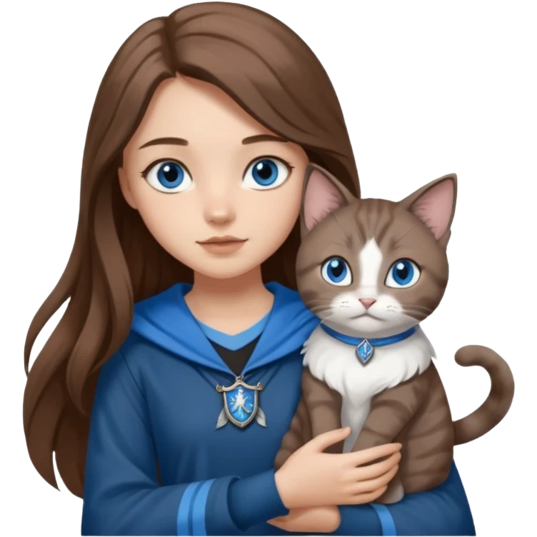 gorgeous Girl with light skin, blue eyes, long brown hair, wears a ravenclaw outfit, with a grey and white cat holding in her arms emoji