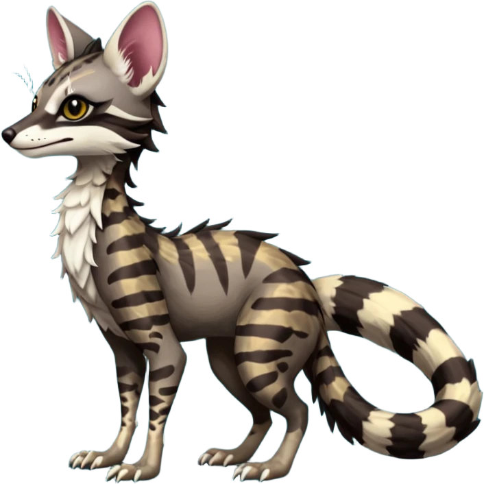 Feral Rare Fantasy dark tropical Vernid-Sergal-Genet-Trico-species by LiLaiRa, random markings, tufted tail, tufted ears, full body emoji