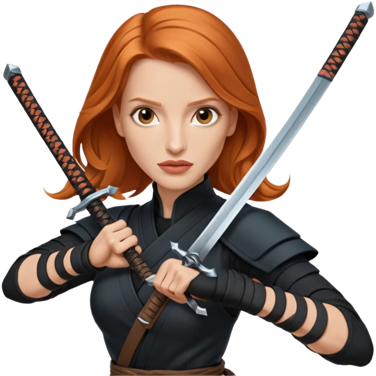 Jessica Chastain, in a ninja position with big swords emoji
