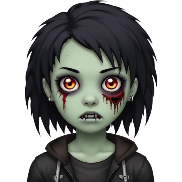 girl, zombie, black coily hair, medium long, emo, shaggy, dark, spooky, piercing on eyebrow, creepy blank expression emoji