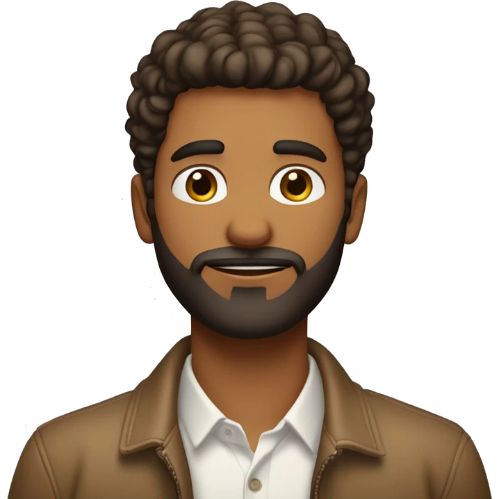 Un jeune homme avec un visage assez fin, yeux marron, peau beige, fine barbe et coiffure en dégradé avec cheuveux en haut légèrement sur le côté  emoji