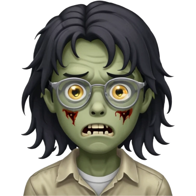Faça um adolescente zombie com cara de assutado com cortes no rosto, com óculos é cabelos grandes ondulado preto, masculino  emoji
