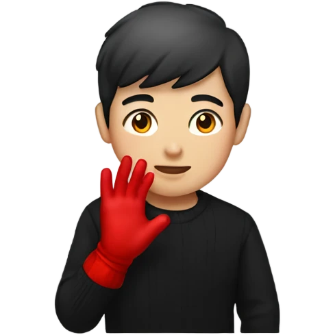 Asian boy wearing red gloves on hands and black sweater emoji