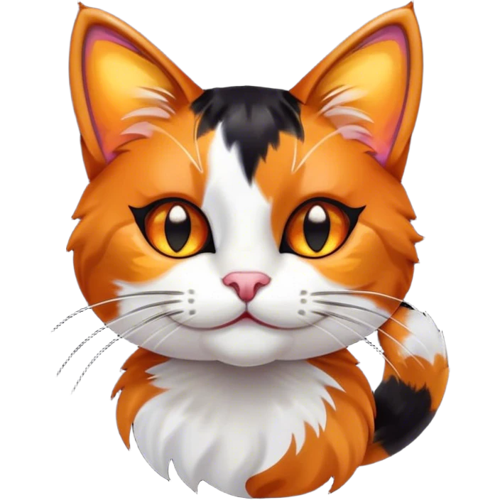Cinematic Cute Calico Cat Portrait Emoji, Head tilted playfully with sparkling, inquisitive eyes and a charming patchwork fur of orange, black, and white, simplified yet irresistibly adorable, highly detailed, glowing with a warm, inviting glow, high shine, bubbly and affectionate, styled with a touch of whimsical feline charm, soft glowing outline, capturing the essence of a delightfully cute calico cat that looks as if it could prance off the screen into your heart! emoji