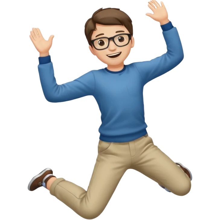 Very excited boy, jumping for joy, full body, eyes closed, wearing glasses emoji